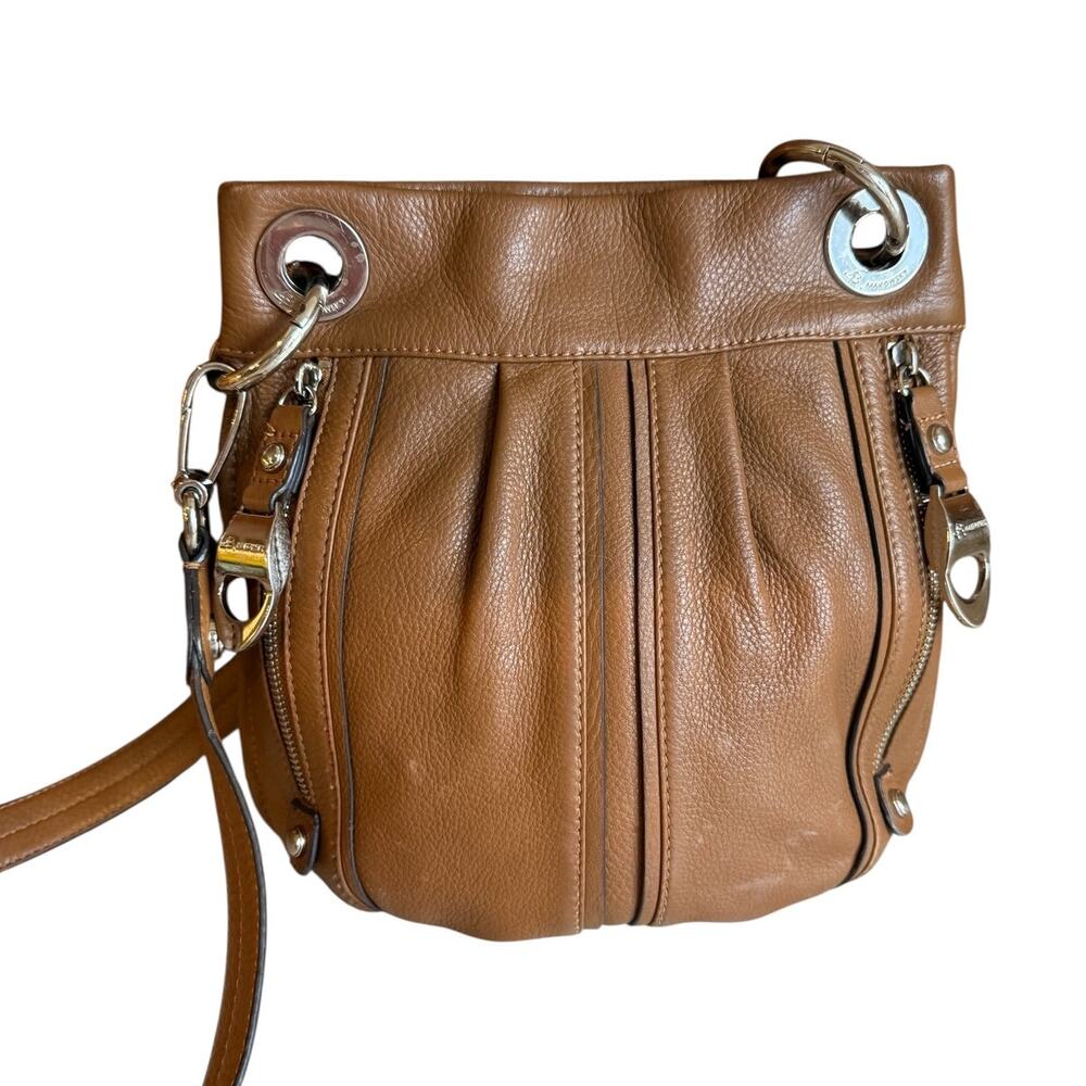 B Makowsky Leather Crossbody Bag Chunky Zipper Detail Camel Brown Medium
